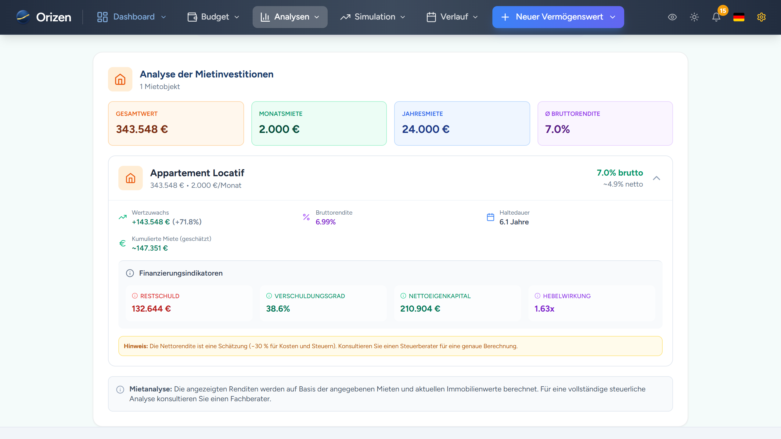 Screenshot — Miet- & SCPI-Tracking