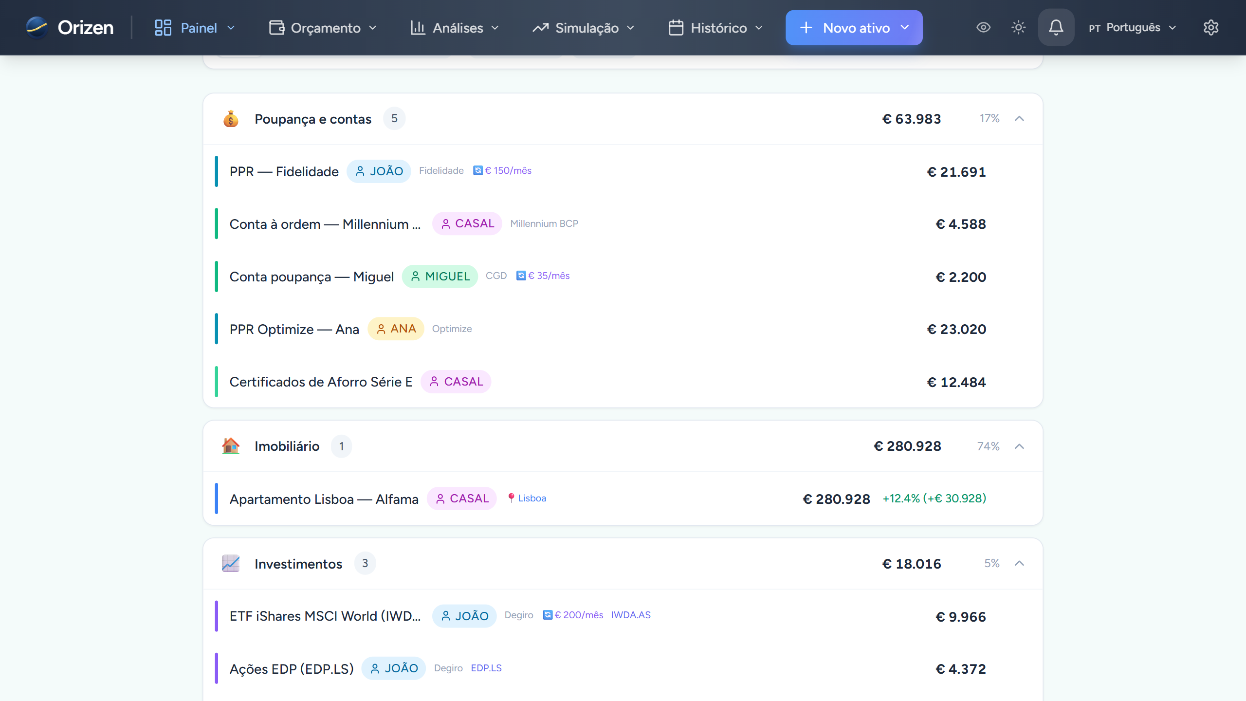 Captura de ecrã — Acompanhamento completo do património